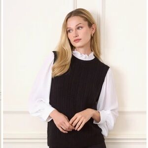 NWT CeCe Black Knit Sweater Vest with attached collar and cuffed sleeves